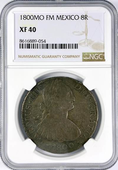 【雨安】【直播拍卖】【世界币章116期-评级币】2025-11-22 周六 19:30 保真 - [评级美洲] Spanish Mexico 西属墨西哥 8里亚尔 卡洛斯四世 双柱 1800年  NGC-XF40