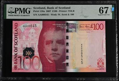 《艾美收藏》第221期-11.23周日黄金场精品荟萃 - 苏格兰2007年首发AA冠100镑最高值PMG67E亚军分少见百位545号 Pick#128a