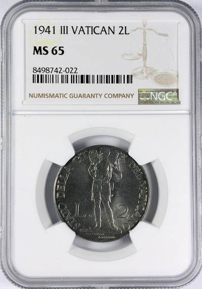 【雨安】【直播拍卖】【世界币章116期-评级币】2025-11-22 周六 19:30 保真 - [评级欧洲] Vatican 梵蒂冈 2里拉 1941年  NGC-MS65