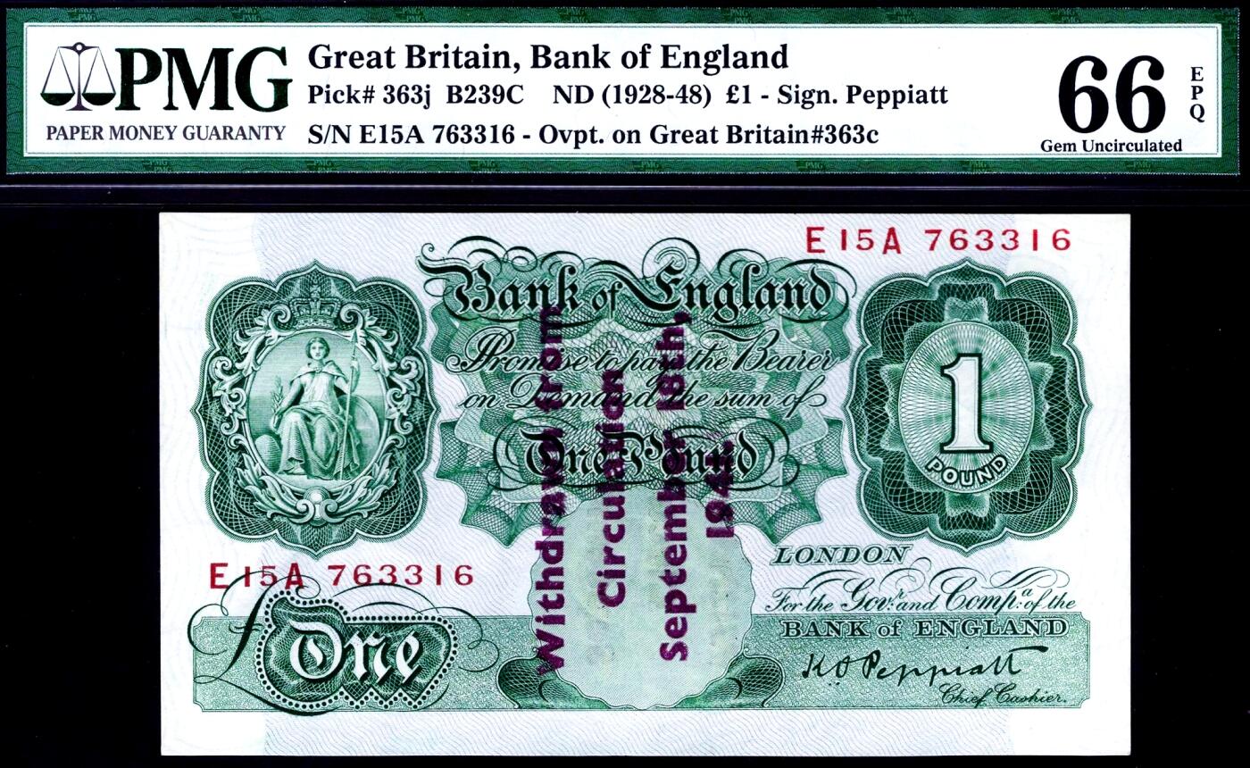 【Blue Auction】世界纸币精拍第754期——18级TOP拍卖/信誉/品质/专业/高效💫 【冠军分 仅2张罕见】英国 A序列 1941年1镑PMG66EPQ老壳 加盖 