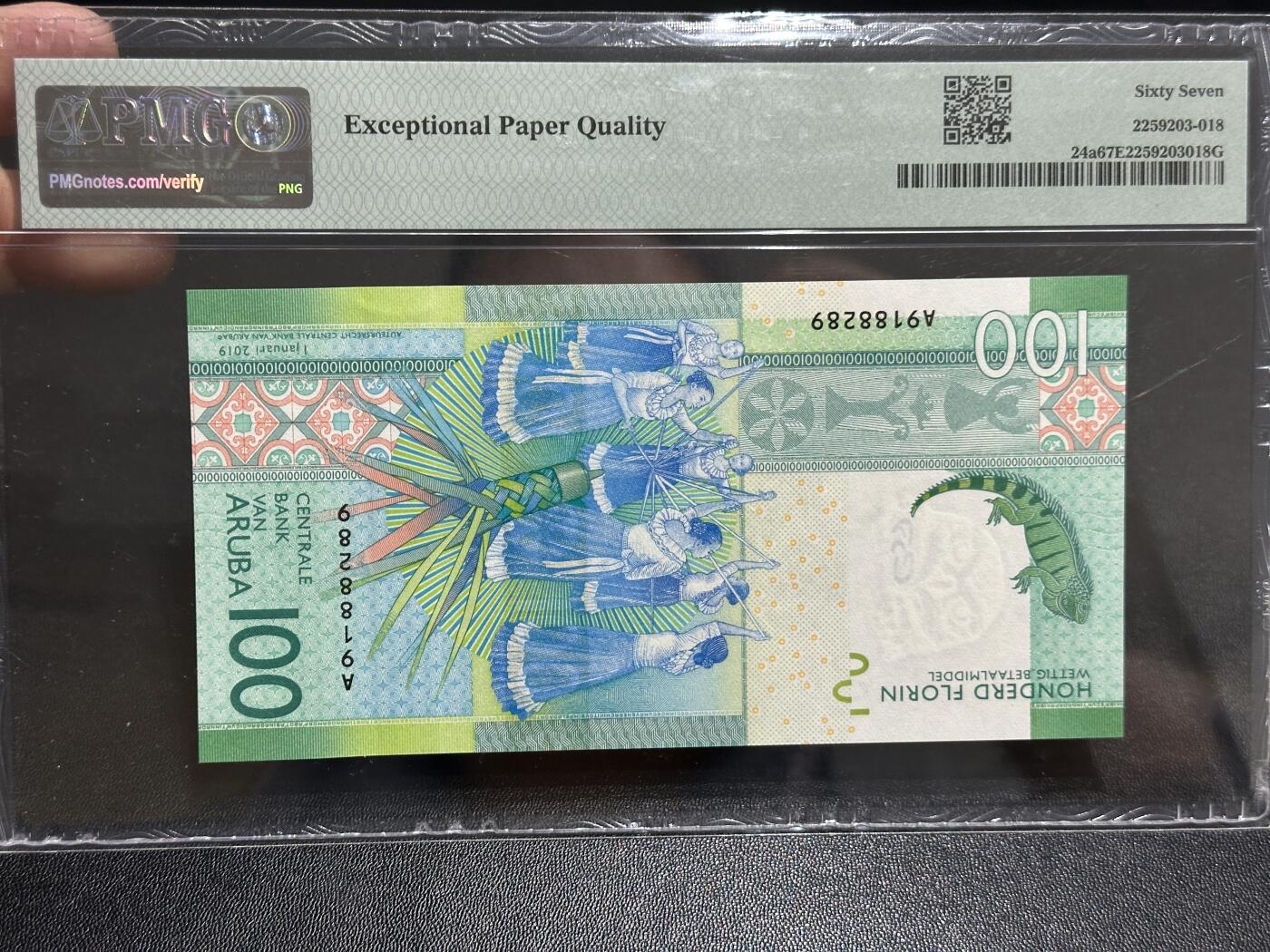 《外钞收藏家》第五百八十七期（精选场）（本平台长期征集拍品、欢迎藏友们联系合作） 2019年阿鲁巴100福林 A冠 朦胧号 PMG67 获奖钞