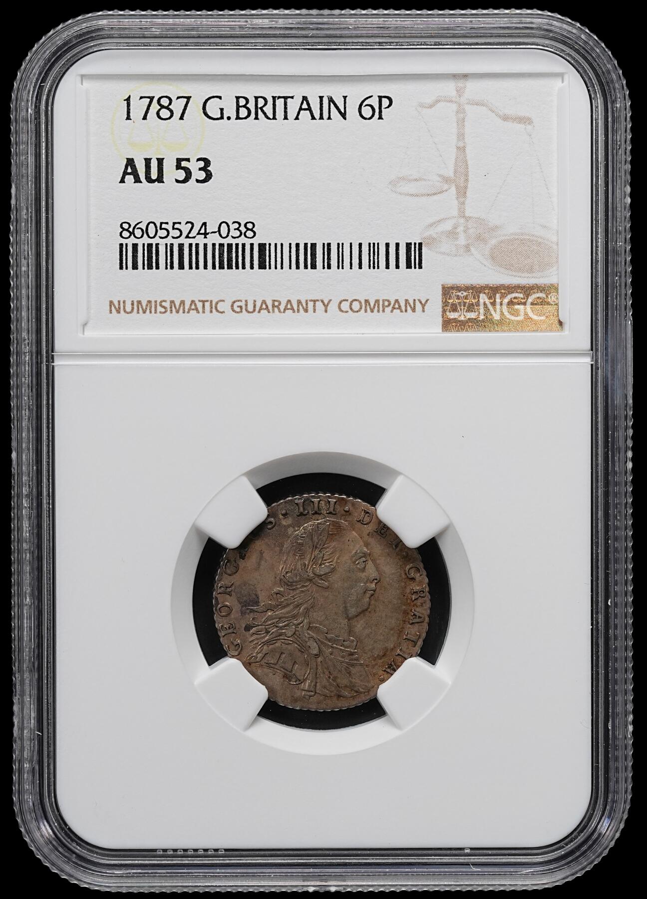 修遠堂世界钱币第九十四期 NGC AU53 1787年英国6便士银币