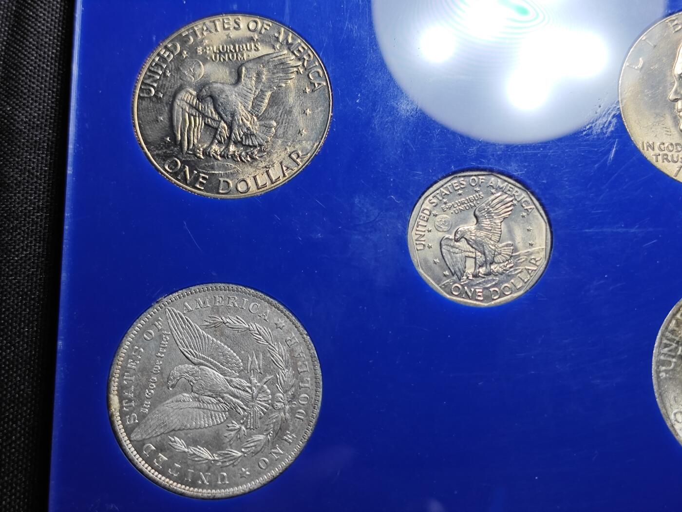 KK钱币收藏小铺 （套币 好品/批量散币 银币）专场  2月预留时间 周末发货  美国1元5枚套卡册 含和平鸽一元，摩根一元银币！