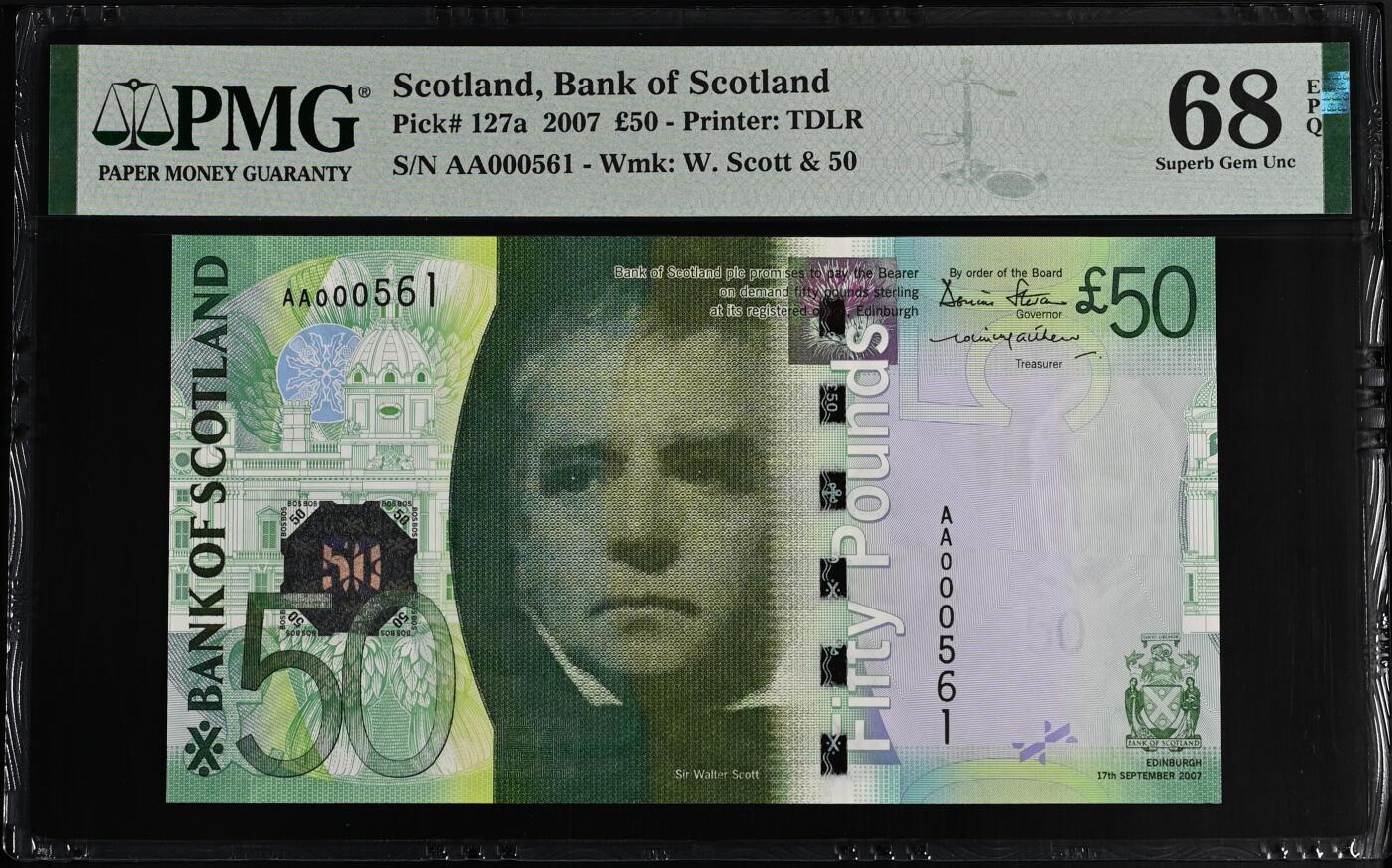 《艾美收藏》第221期-11.23周日黄金场精品荟萃 苏格兰2007年首发AA冠50镑次高值PMG68E超高分少见百位561号 IBNS世界最佳纸币获奖钞，更高分仅2张 Pick#127a