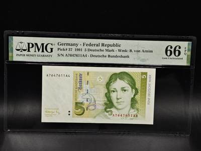 【淘币小摊】限时拍第八百零五拍  纸币场  满百包邮可预留两周  周一统一发货  - 德国1991年5马克纸币 PMG 66
