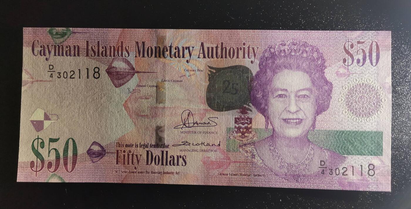 《艾美收藏》第221期-11.23周日黄金场精品荟萃 开曼群岛2023年D4冠50元UNC-荧光 尾8 金融管理局25周年纪念钞