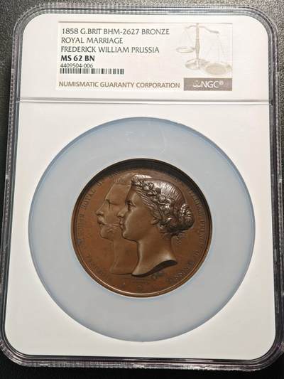 【德藏】世界币章拍卖第154期（拍品征集中~欢迎藏友联系） - 1858年 英国维多利亚公主和弗雷德里克·威廉王子皇室大婚高浮雕纪念大铜章 63mm NGC MS62 皇室婚礼 热门品种 