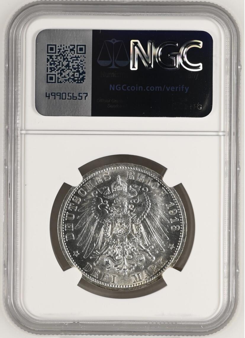 【德藏】世界币章拍卖第154期（拍品征集中~欢迎藏友联系） 1913年 德国普鲁士威廉二世军装3马克银币 NGC MS62 黄油淡彩 品相状态不错