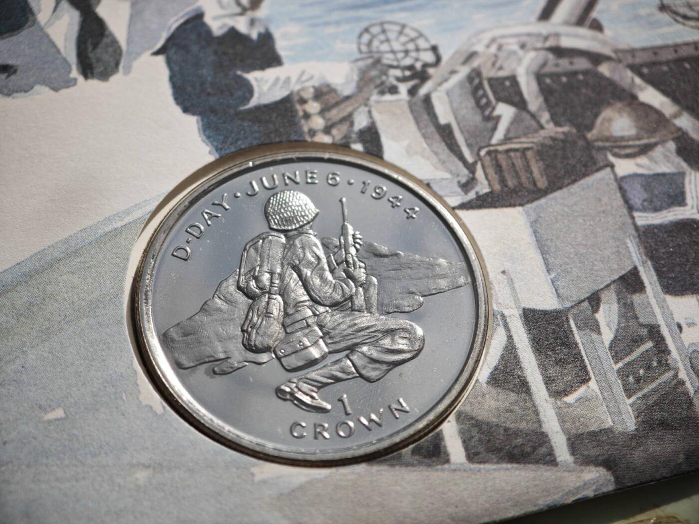 【淘币小摊】限时拍第八百零七拍  克朗币邮币封场  满百包邮可预留两周  周一统一发货    马恩岛1994年诺曼底登陆50周年克朗纪念币邮币封