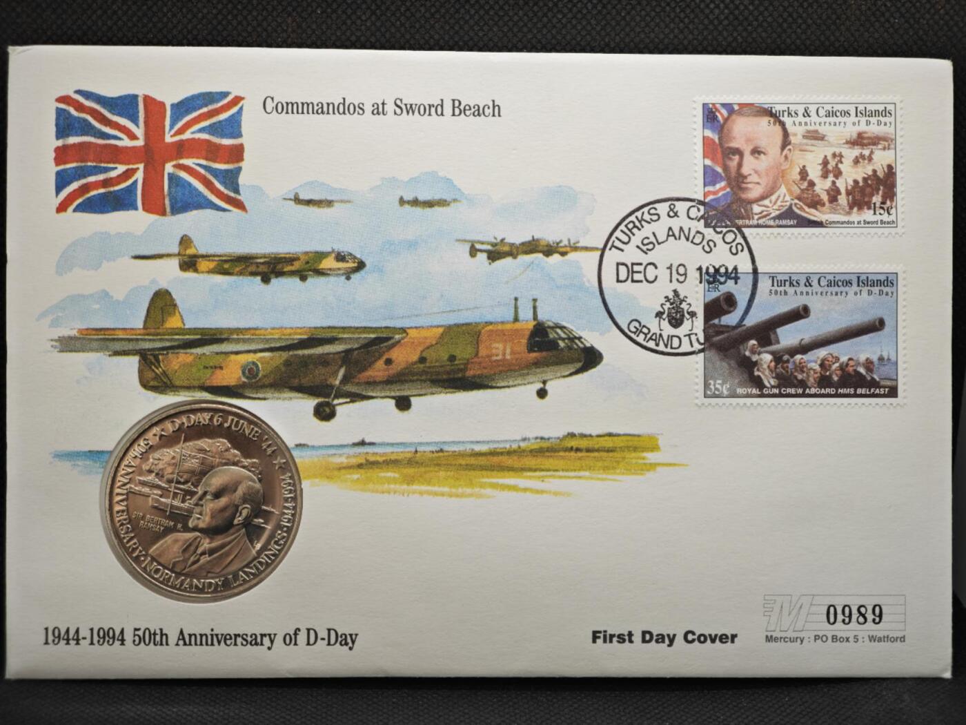 【淘币小摊】限时拍第八百零七拍  克朗币邮币封场  满百包邮可预留两周  周一统一发货     特克斯凯科斯1994年诺曼底登陆50周年5克朗纪念币邮币封