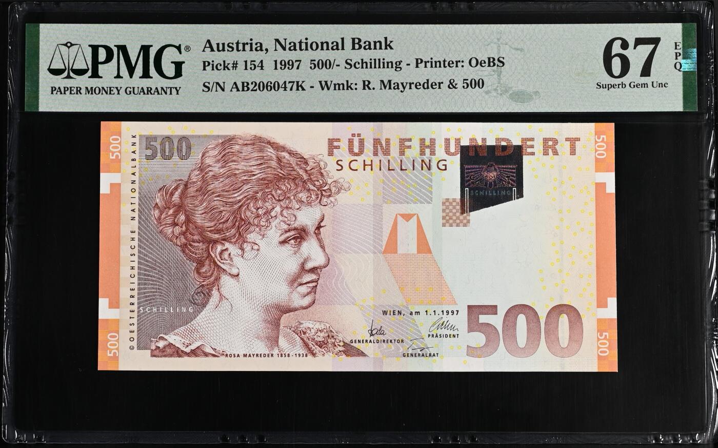《艾美收藏》第221期-11.23周日黄金场精品荟萃 奥地利1997年500先令PMG67E高分，作家及女权活动家罗莎·梅雷德 背面罗莎夫妇和众人