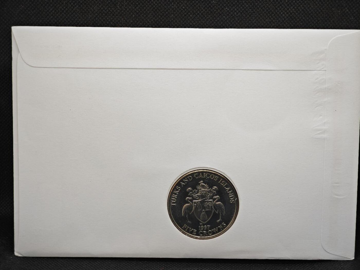 【淘币小摊】限时拍第八百零七拍  克朗币邮币封场  满百包邮可预留两周  周一统一发货   特克斯凯科斯1997年女王金婚5克朗纪念币邮币封