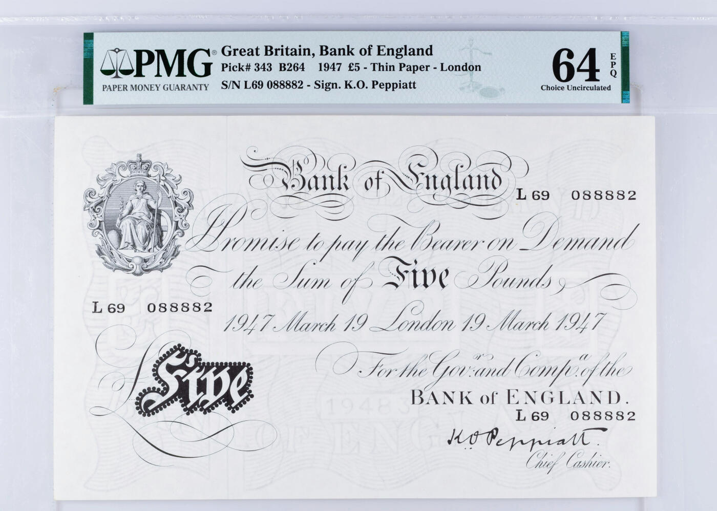 【Blue Auction】世界纸币精拍第754期——18级TOP拍卖/信誉/品质/专业/高效💫 【名家旧藏 靓号088882】英国 1947年5镑 白色英镑 超大票幅 满版水印 PMG64EPQ 全新原票 