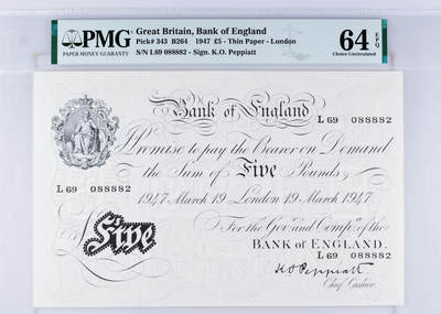 【Blue Auction】世界纸币精拍第754期——18级TOP拍卖/信誉/品质/专业/高效💫 - 【名家旧藏 靓号088882】英国 1947年5镑 白色英镑 超大票幅 满版水印 PMG64EPQ 全新原票 