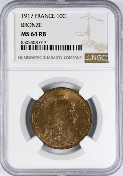 【雨安】【直播拍卖】【世界币章116期-评级币】2025-11-22 周六 19:30 保真 - [评级法国] France 法国 10分 1917年  NGC-MS64
