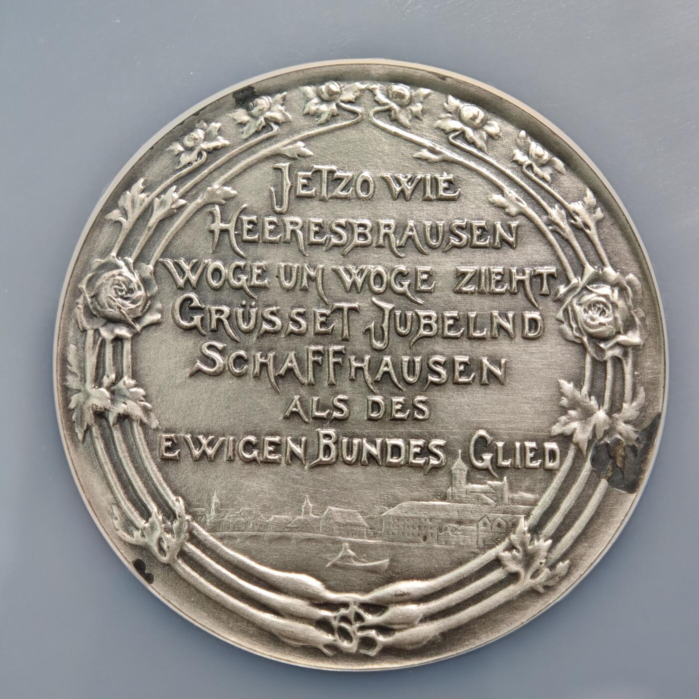 【德藏】世界币章拍卖第154期（拍品征集中~欢迎藏友联系） 1901年 瑞士沙夫豪森加入瑞士联邦400周年纪念大银章 48mm NGC UNC 设计细节丰富 立体空间感极强