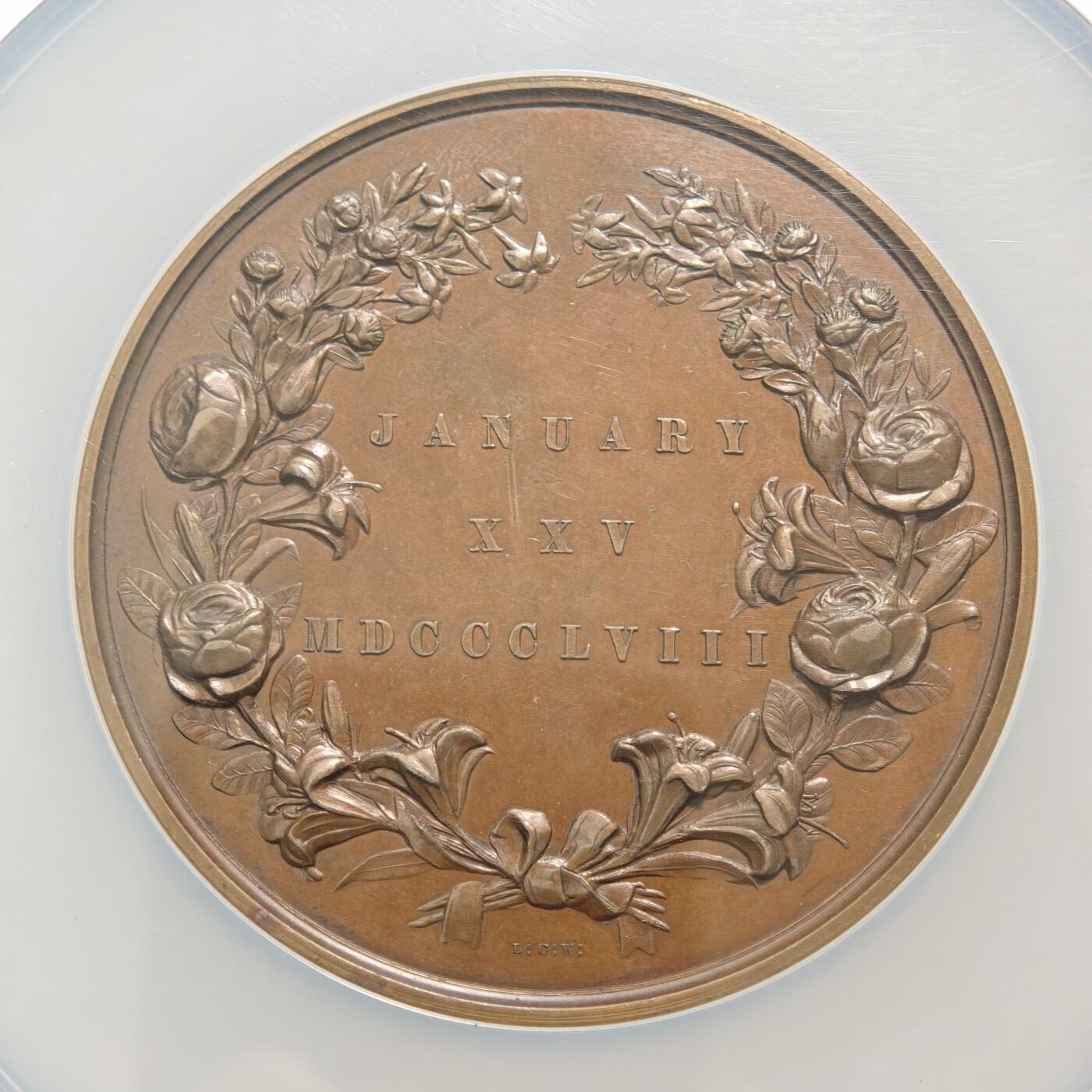 【德藏】世界币章拍卖第154期（拍品征集中~欢迎藏友联系） 1858年 英国维多利亚公主和弗雷德里克·威廉王子皇室大婚高浮雕纪念大铜章 63mm NGC MS62 皇室婚礼 热门品种 