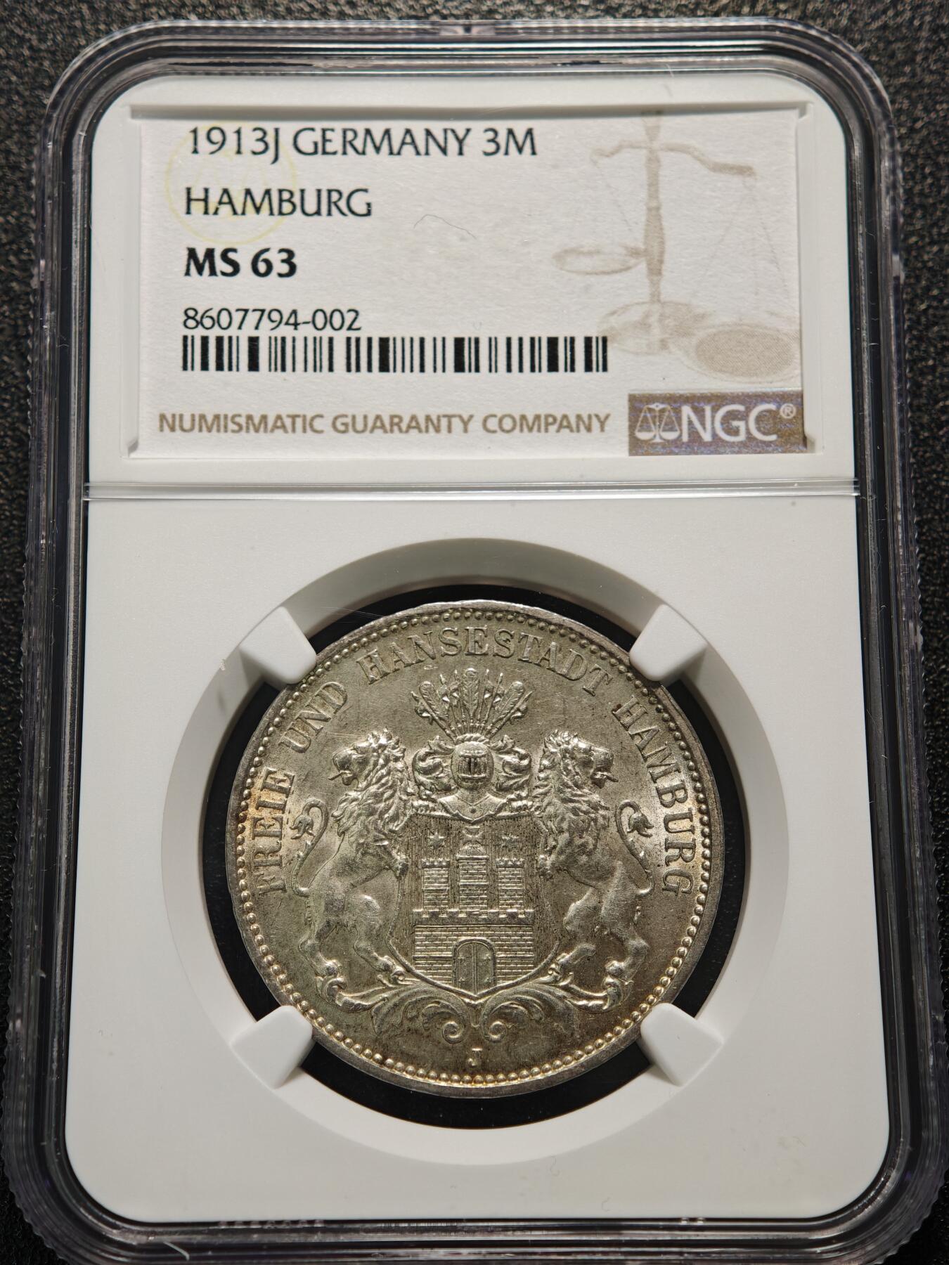 【德藏】世界币章拍卖第154期（拍品征集中~欢迎藏友联系） 1913年 德国汉堡双狮3马克银币 NGC MS63 原光黄油彩包浆 品相状态非常棒