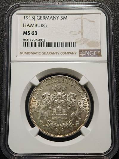 【德藏】世界币章拍卖第154期（拍品征集中~欢迎藏友联系） - 1913年 德国汉堡双狮3马克银币 NGC MS63 原光黄油彩包浆 品相状态非常棒