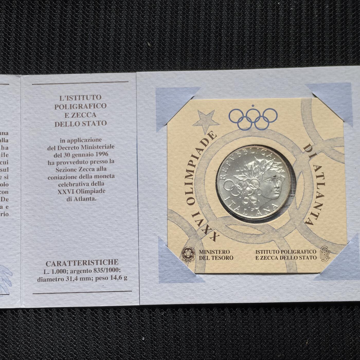 道一币馆币章第一百五十六场 原包装 意大利1996年亚特兰大奥运会1000里拉纪念银币