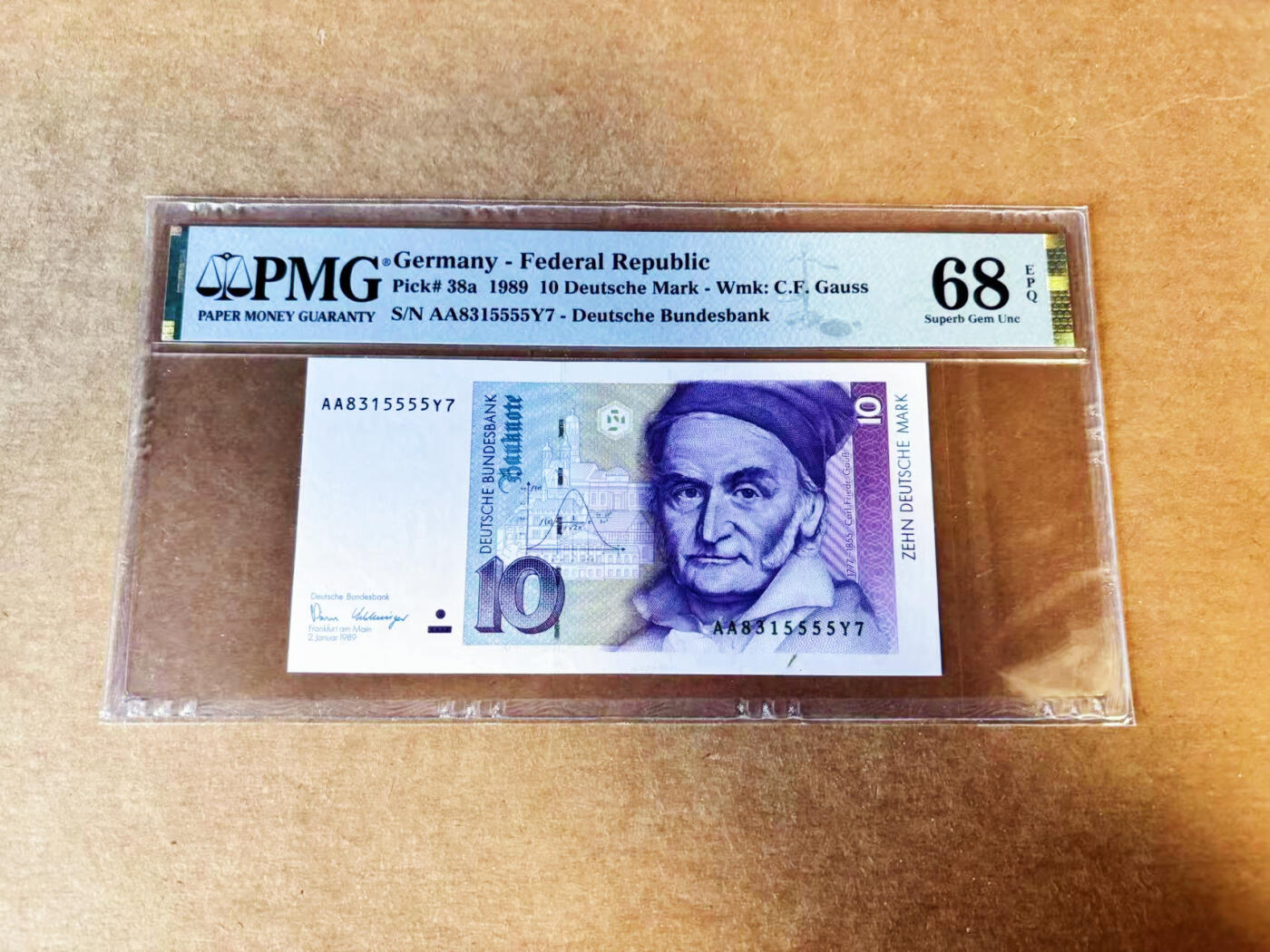 【Blue Auction】世界纸币精拍第754期——18级TOP拍卖/信誉/品质/专业/高效💫 【AA冠5555狮子号无47】德国 1989年10马克 PMG68EPQ 高分