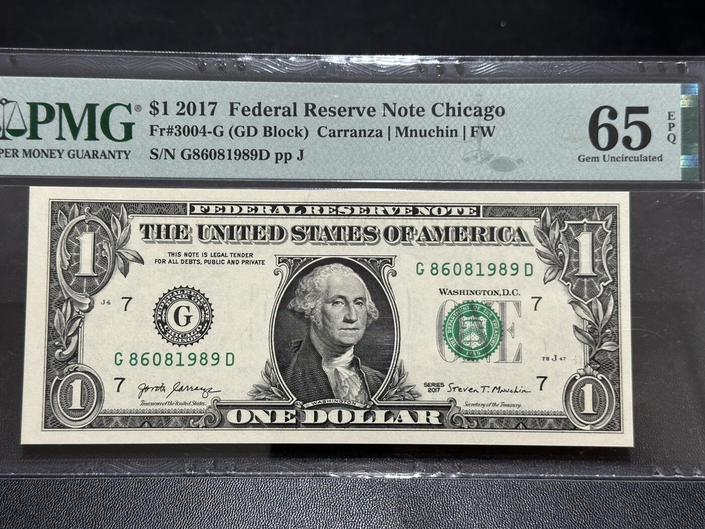 《外钞收藏家》第五百八十七期（精选场）（本平台长期征集拍品、欢迎藏友们联系合作） 2017年美国1美元 倒置号 PMG65 尾1989