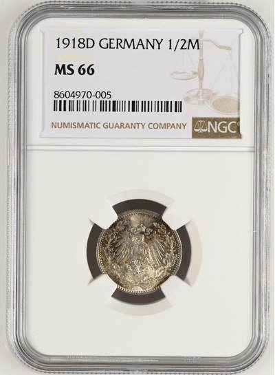 【德藏】世界币章拍卖第154期（拍品征集中~欢迎藏友联系） - 1918年D厂 德国巴伐利亚1/2马克银币 NGC MS66 五彩包浆 顶级品相状态