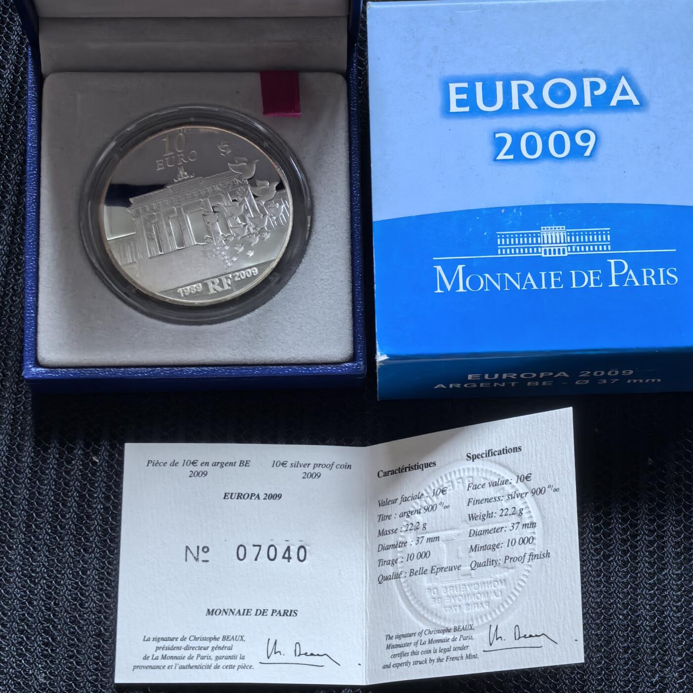 道一币馆币章第一百五十六场 原盒证 法国2009年柏林墙倒塌20周年10欧元银币