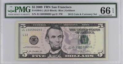 《外钞收藏家》第五百八十七期（精选场）（本平台长期征集拍品、欢迎藏友们联系合作） - 2009年 5美元 2012 coin & currency set版标识 号码无347 PMG66EPQ