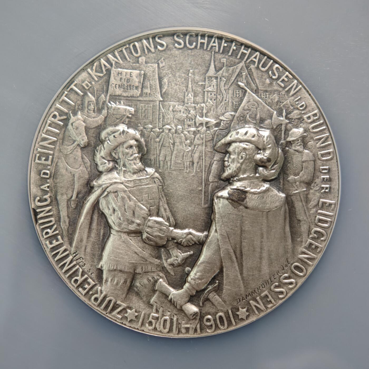 【德藏】世界币章拍卖第154期（拍品征集中~欢迎藏友联系） 1901年 瑞士沙夫豪森加入瑞士联邦400周年纪念大银章 48mm NGC UNC 设计细节丰富 立体空间感极强