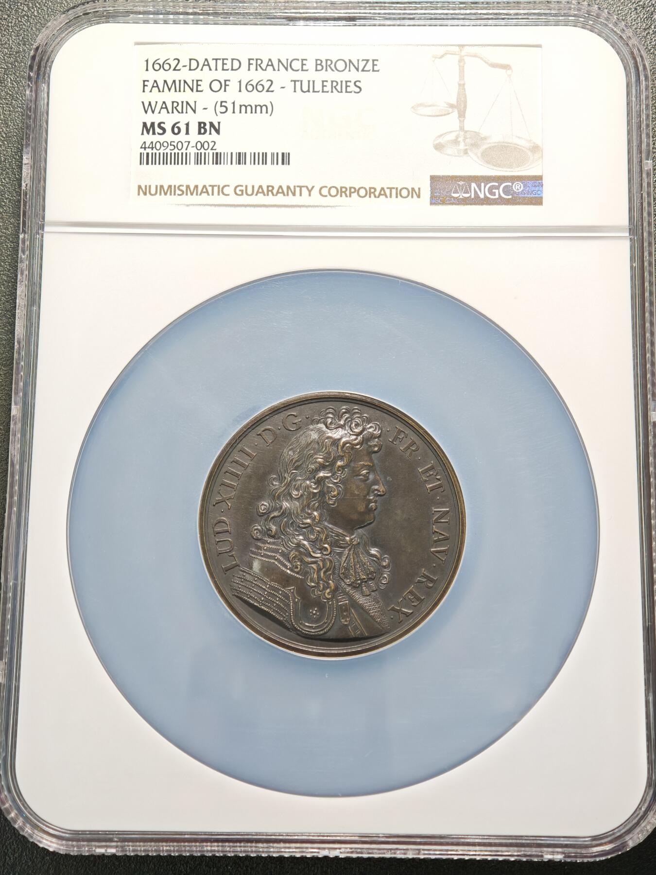 【德藏】世界币章拍卖第154期（拍品征集中~欢迎藏友联系） 1662年 法国路易十四 粮食歉收饥荒主题大铜章 NGC MS61BN 直径51mm，由雕刻师Warin设计