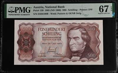 《艾美收藏》第221期-11.23周日黄金场精品荟萃 - 奥地利1965年500先令PMG67E亚军分靓号0126组合 奥地利发明家雷色尔 Pick#139少见品种