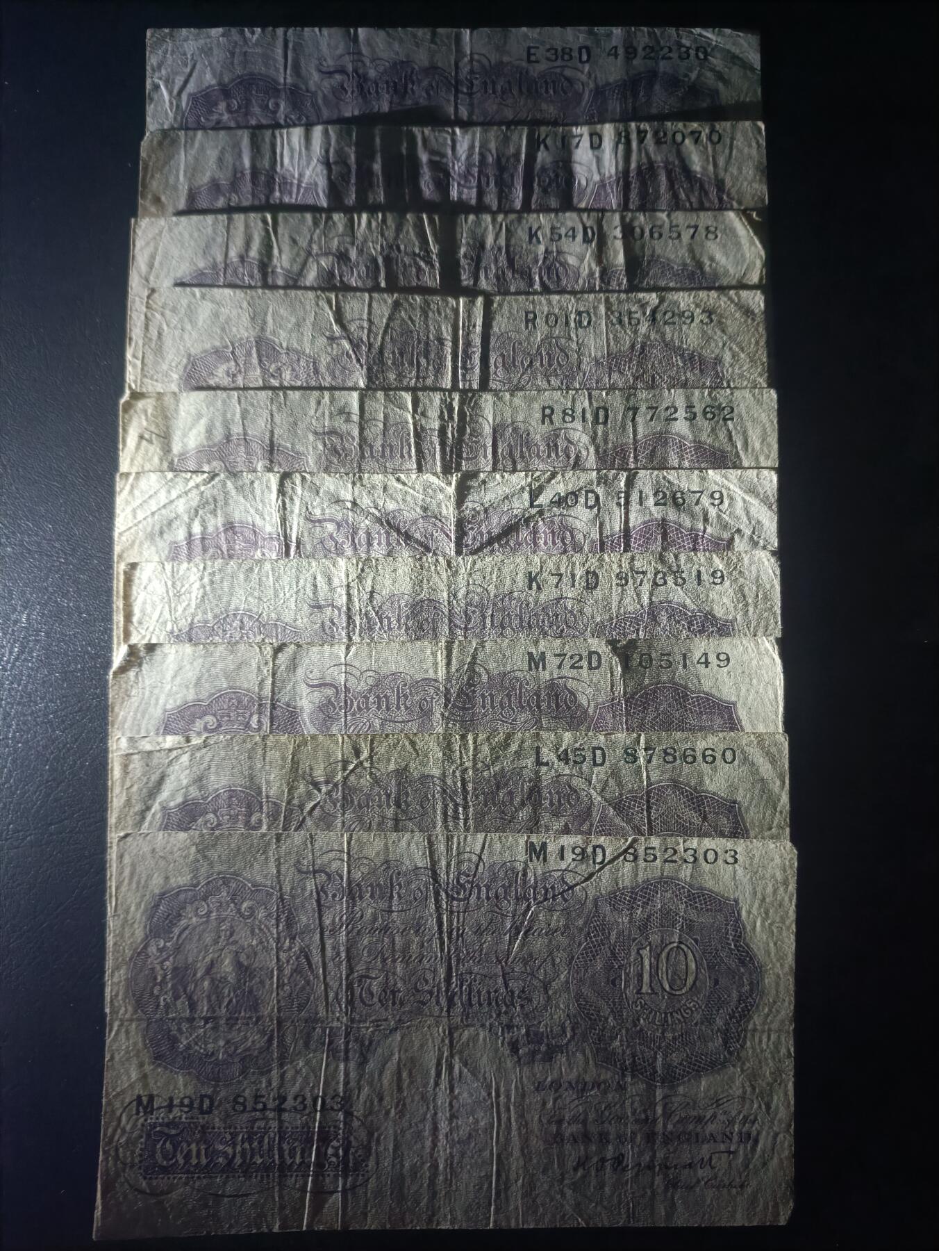 2025十一月第六期，总第204期 英格兰战时A序列10先令流通品相批量十张，有别于战前战后普通的红色版本用紫色印刷