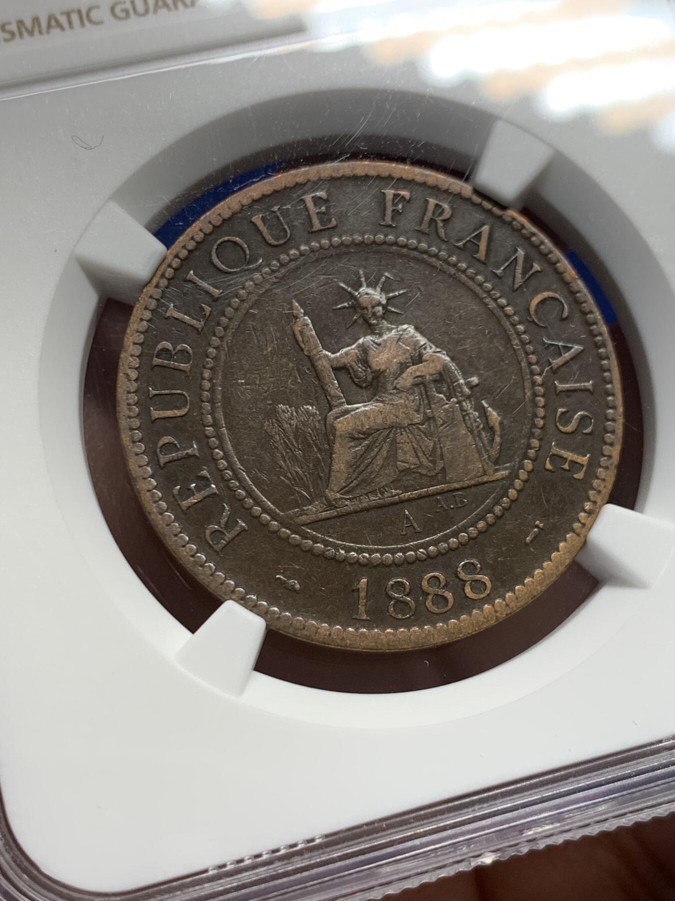 《竞宝斋》第441场 周日，周一，2场连拍 （全场包邮） NGC VF30BN 法属印支殖民地1888年1分铜币，特殊年份，少见带中文汉字的外国铜币