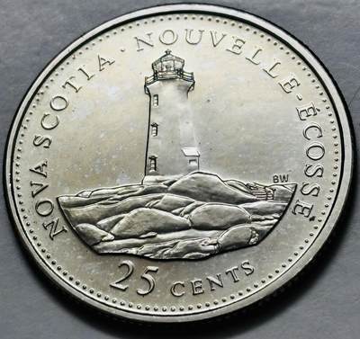 文馨钱币收藏第 282 场，【 长期接收代拍品】，加拿大老铜代用币，银币，德三系列场 - 少见全新未流通 1992 年加拿大 新斯科舍省联邦成立 125 周年 25 分纪念币