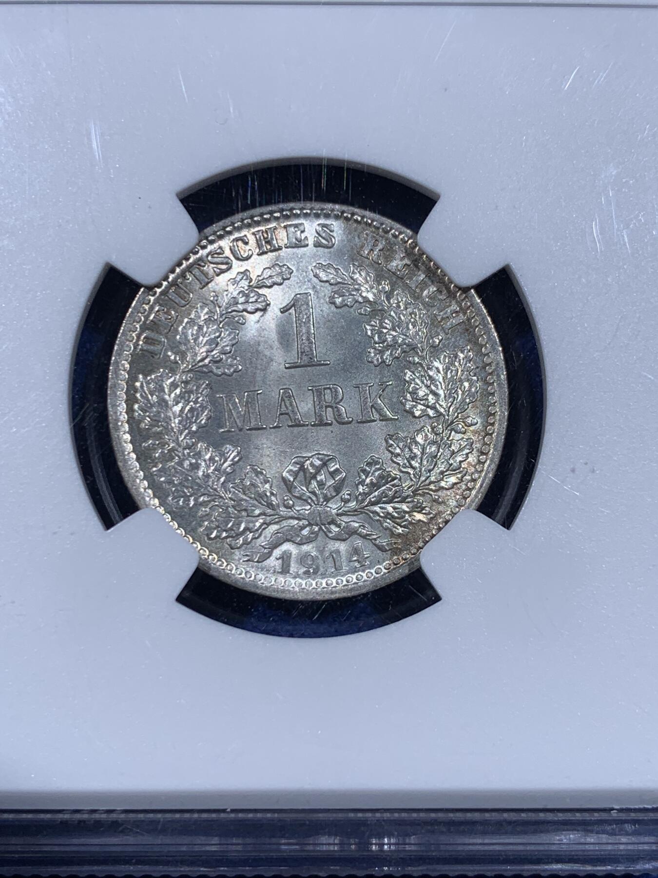 《竞宝斋》第441场 周日，周一，2场连拍 （全场包邮） NGC MS67 德国1914年1马克银币，顶级品相状态，淡彩包浆。