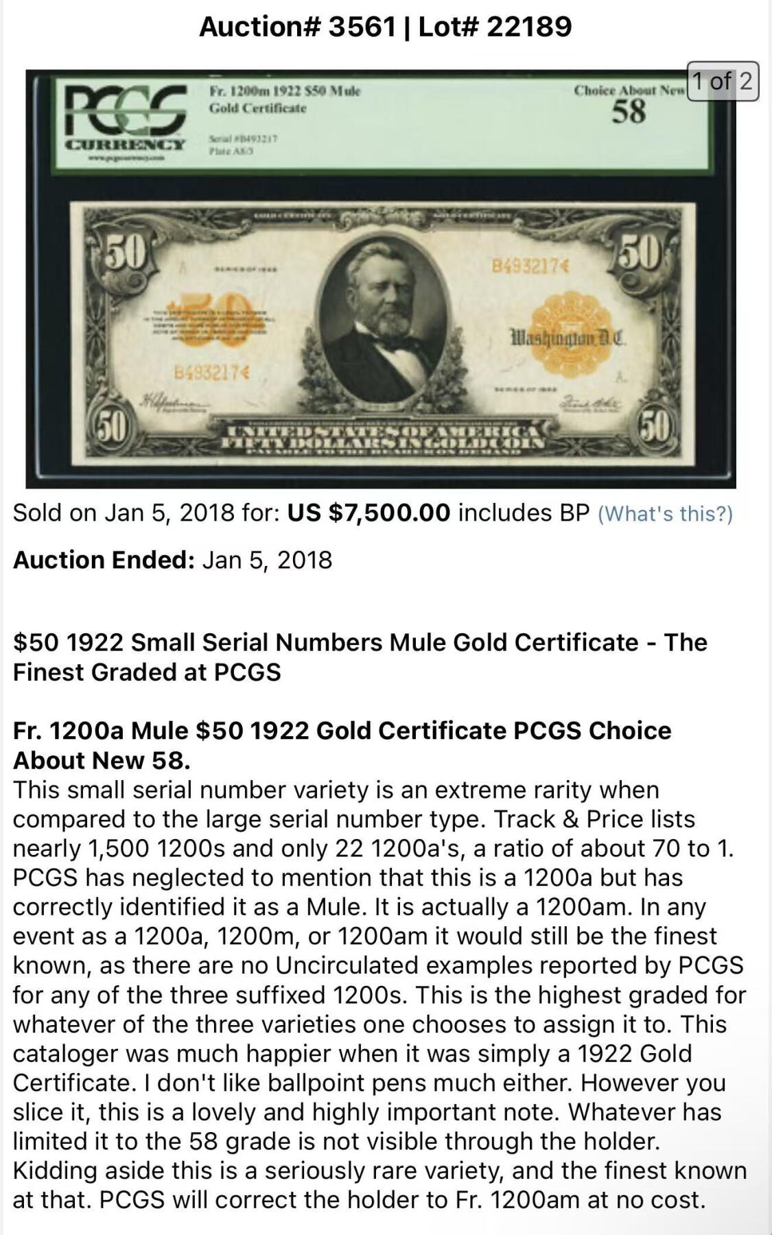 2025十一月第六期，总第204期 压轴珍品，美国1922年金币券50元TQG45分，在本就稀有的金币券中更加少见的“small s/n mule”版本，作为在当年是一笔巨款的黄金兑换券令很多美元藏家望而不可即，也基本是此品种少数几次在国内现身，是机不可失的珍贵品种