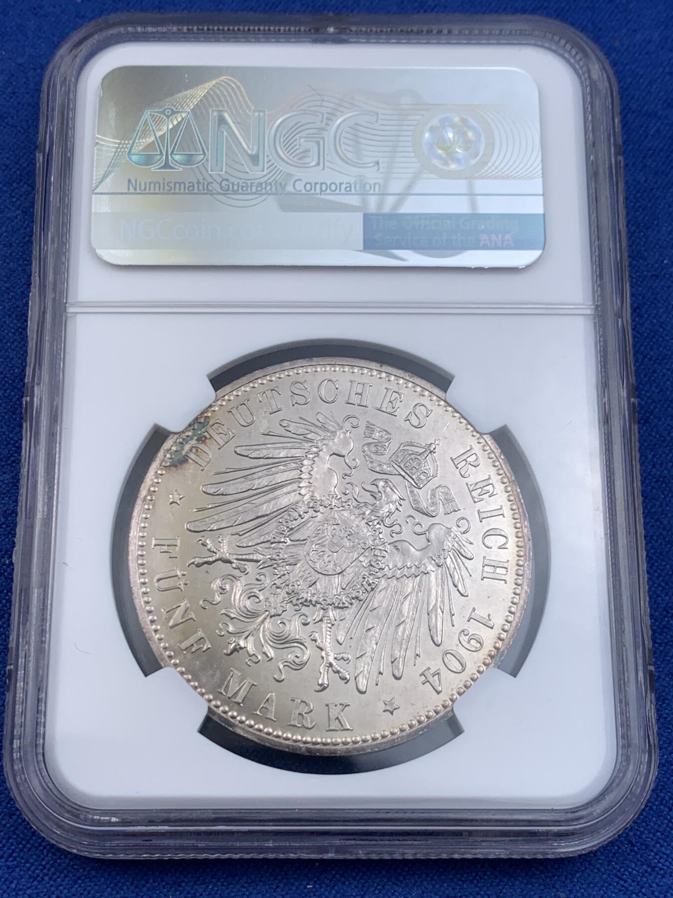 《竞宝斋》第441场 周日，周一，2场连拍 （全场包邮） NGC PF63 德国1904梅克伦堡什未林皇家大婚纪念5马克，发行量仅2500枚顶级小邦精制马克，镜面底板香槟色月牙彩，值得收藏
