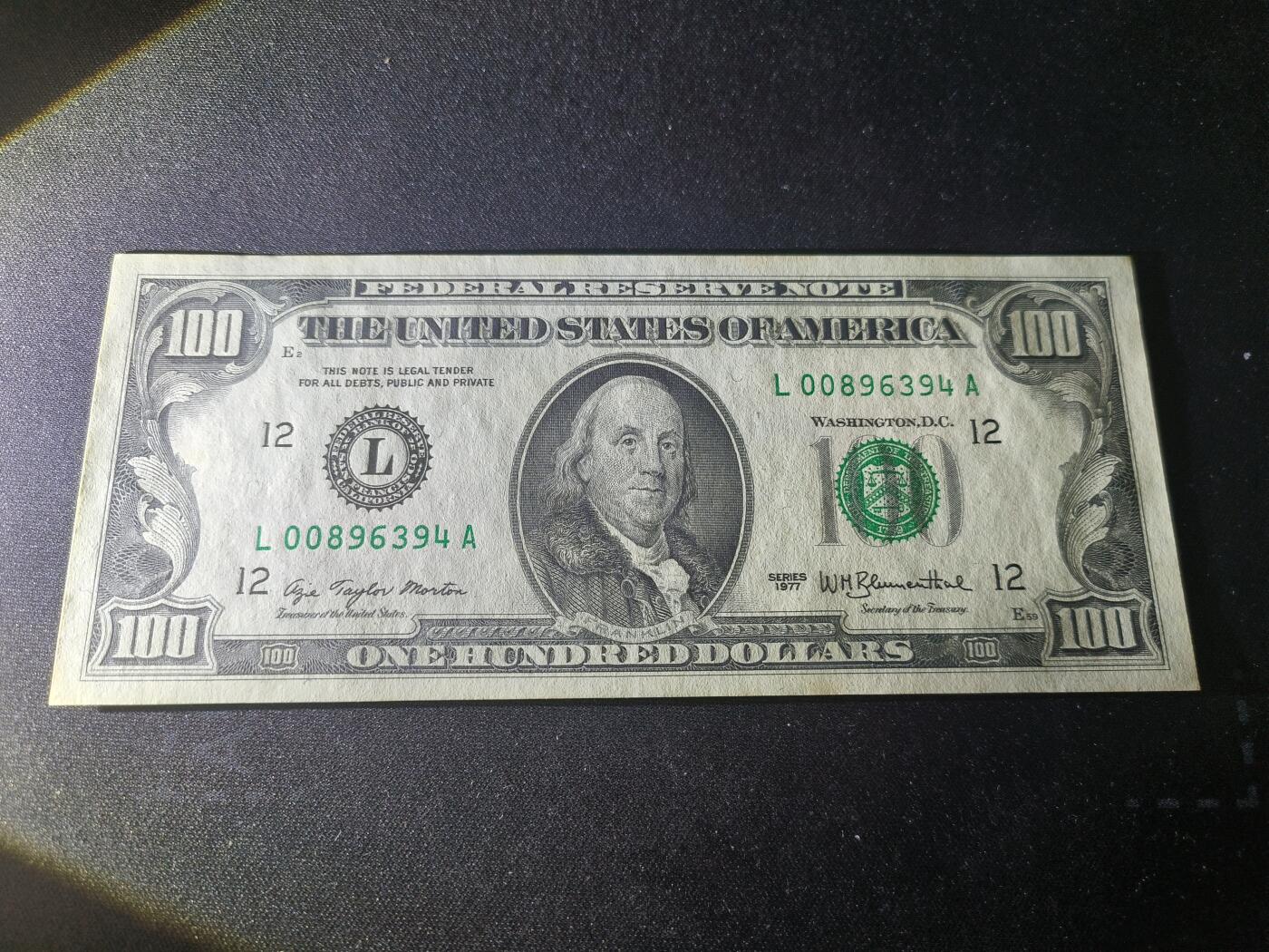 世界靓号纸钞第七十八期 1977年美国100美元 小头美元 品相如图 全新UNC