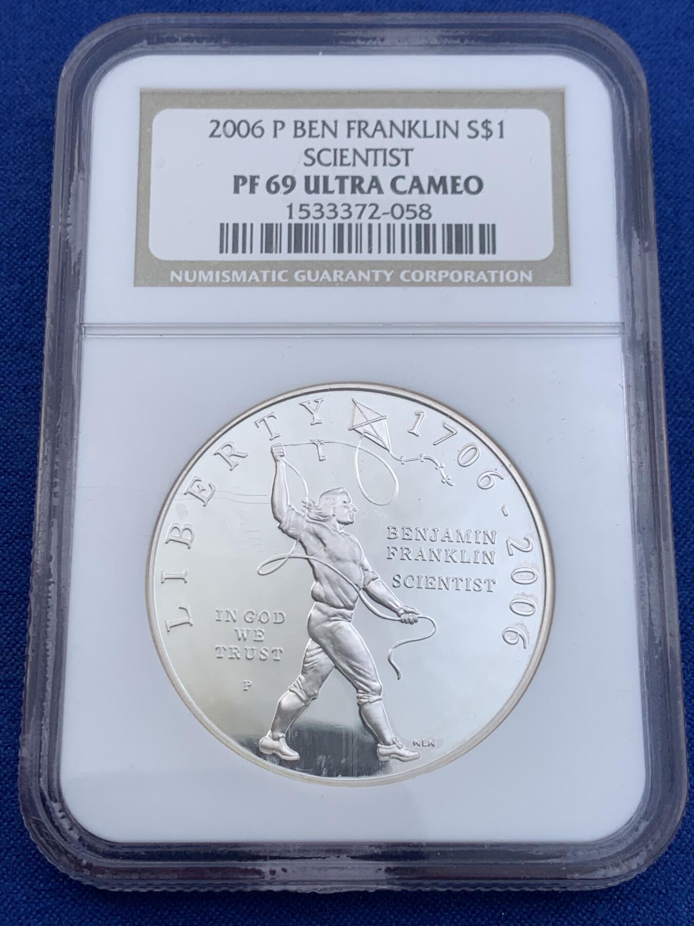 《竞宝斋》第441场 周日，周一，2场连拍 （全场包邮） NGC PF69UC 美国2006年P版科学家富兰克林1美元大银币