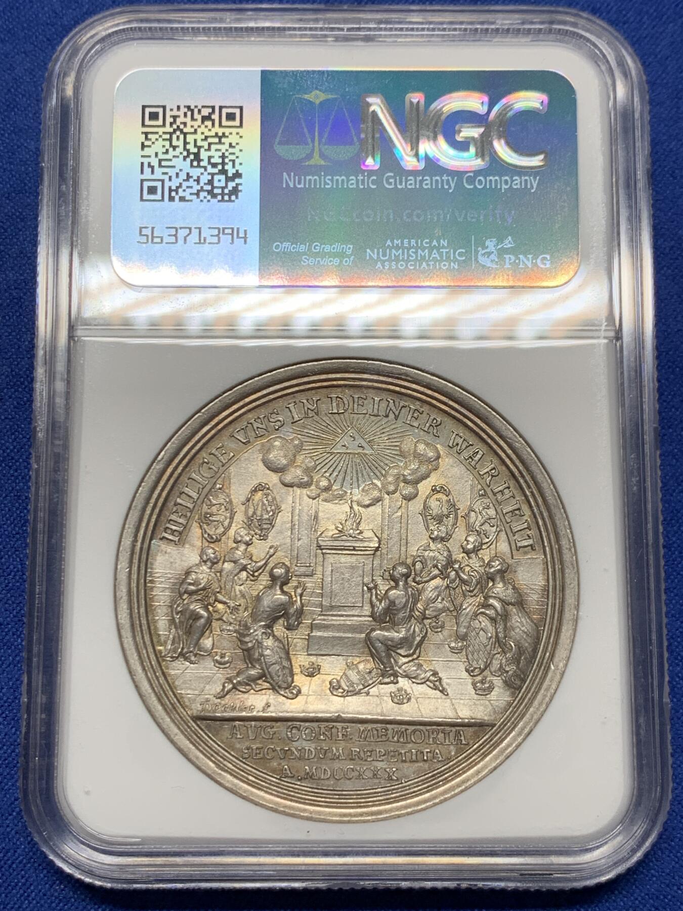 《竞宝斋》第441场 周日，周一，2场连拍 （全场包邮） NGC MS63 德国 1730 奥格斯堡  200周年纪念银章 双面淡彩高浮雕 值得入手的品种