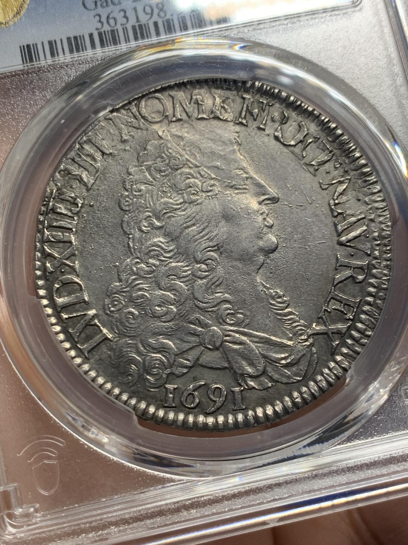 《竞宝斋》第441场 周日，周一，2场连拍 （全场包邮） PCGS AUD 法国1691年路易十四1埃及大银币  极其少见的早期8L大皇冠版本，紫罗兰包浆低评，底板好，压印清晰，巴黎厂