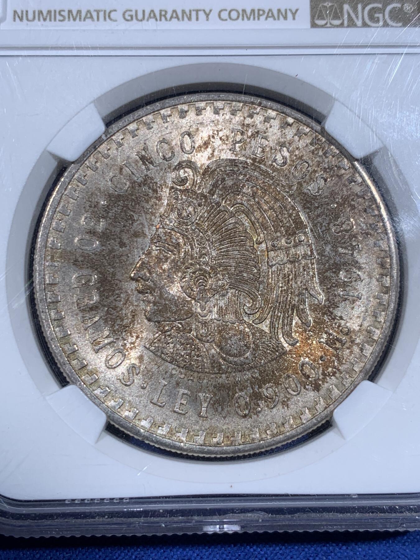 《竞宝斋》第441场 周日，周一，2场连拍 （全场包邮） NGC MS64 墨西哥 1948Mo 酋长5比索 正面的硫化包浆十分好看