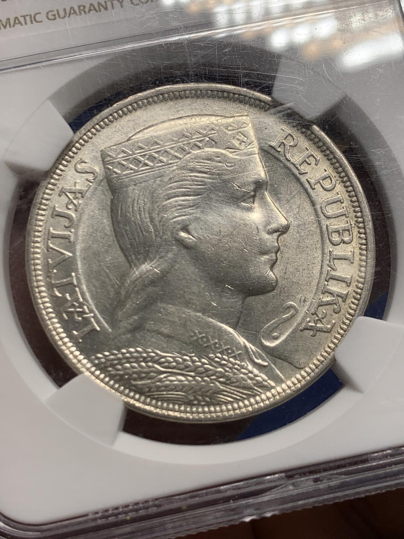 《竞宝斋》第441场 周日，周一，2场连拍 （全场包邮） NGC AUD 拉脱维亚1932年5拉特银币 经典品种，也是谷物女神中最美品种