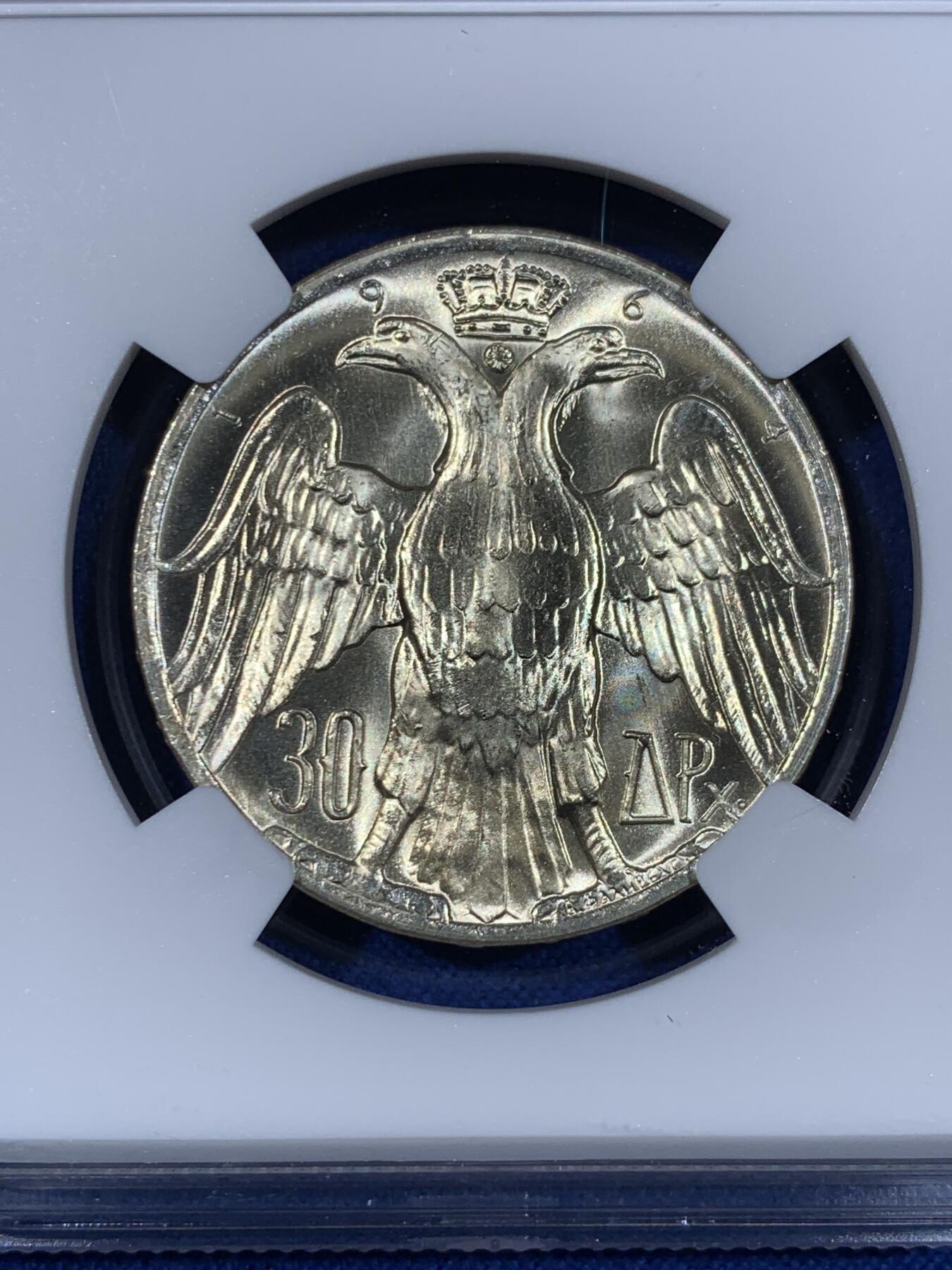 《竞宝斋》第441场 周日，周一，2场连拍 （全场包邮） NGC MS65 希腊1964年皇世婚礼纪念银币 30德拉克马纪念币