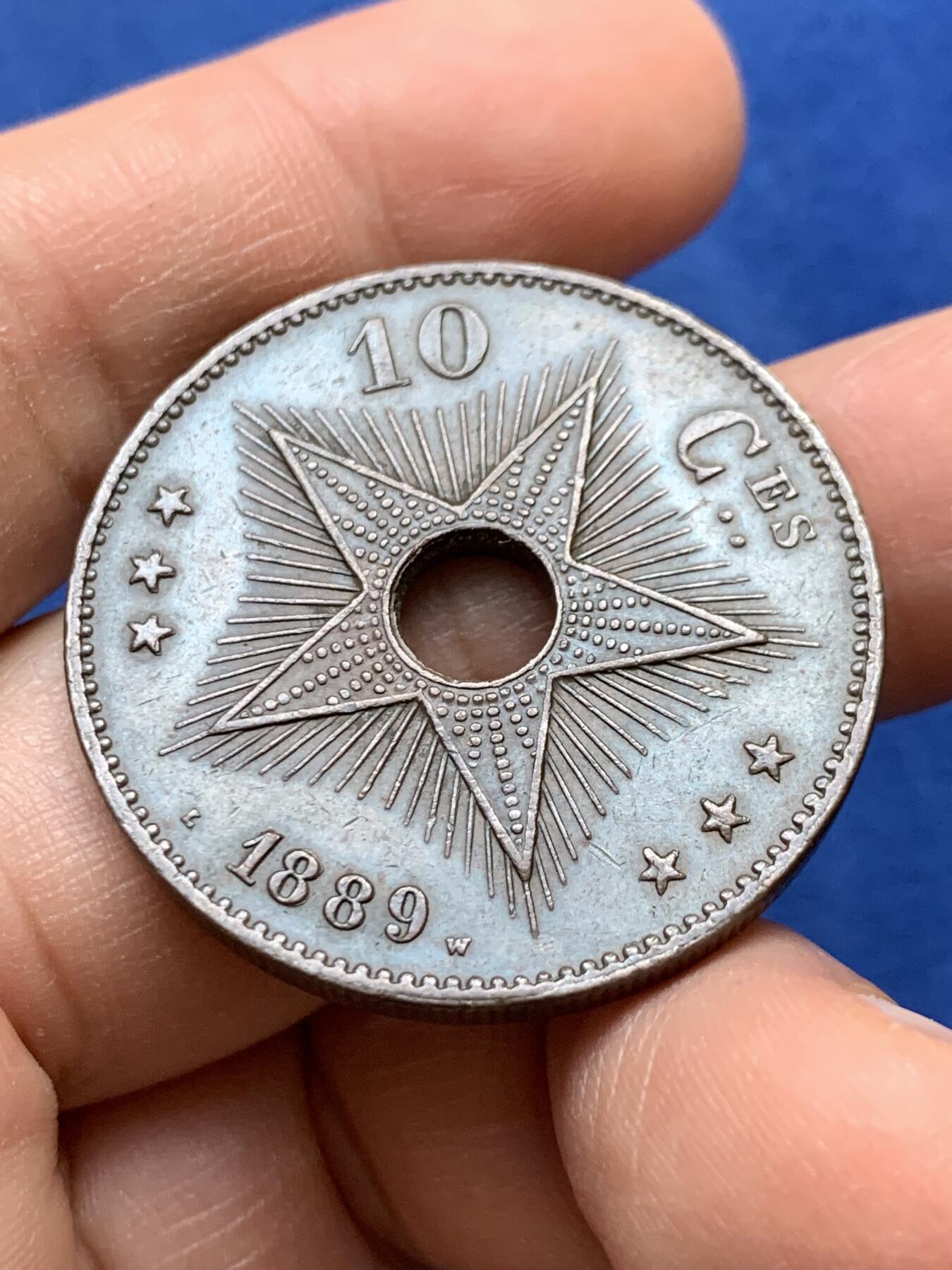 《竞宝斋》第441场 周日，周一，2场连拍 （全场包邮） 两枚一组 比属刚果，刚果自由邦1887年5分＋1889年10分，巧克力包浆