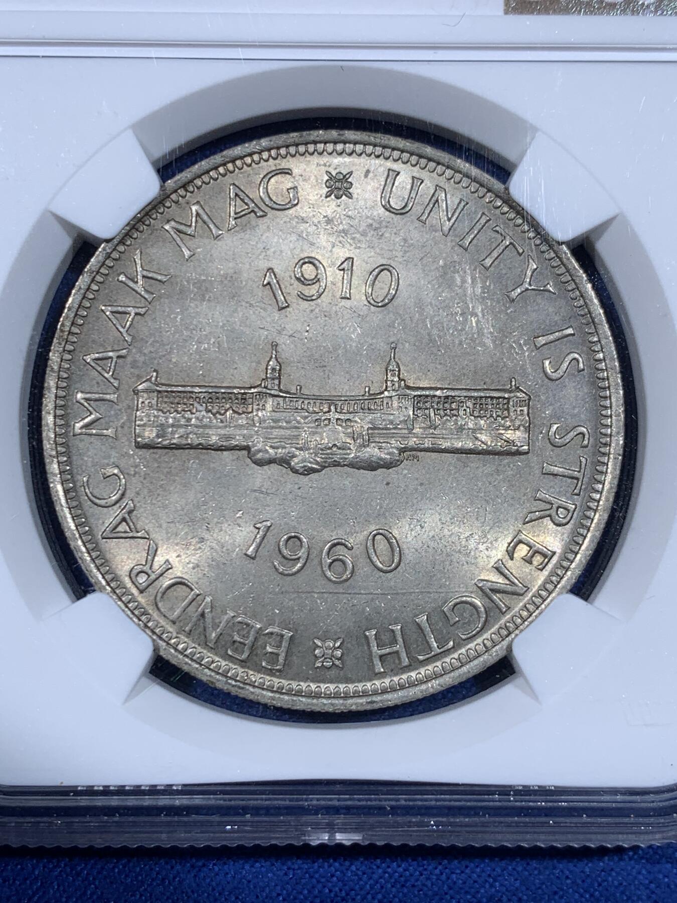 《竞宝斋》第441场 周日，周一，2场连拍 （全场包邮） NGC MS62 南非 1960 联合纪念 5先令大银币