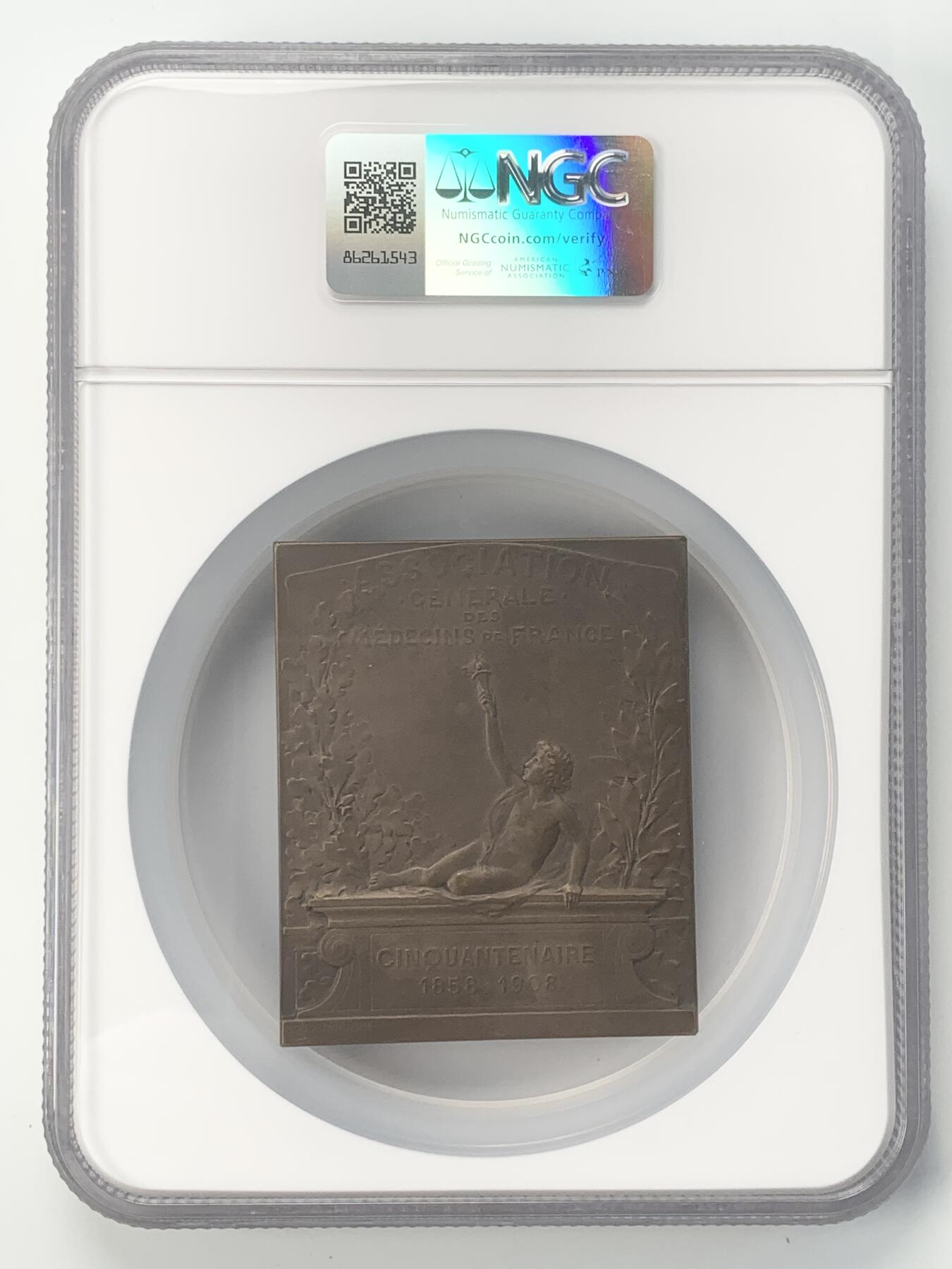 掌中浮雕-藏着的欧洲第043场 NGC MS63 : 1908年法国新艺术运动50周年之国际医学会纪念章，70 X 58mm；Nicolas Maier法国章优秀作品集#239号