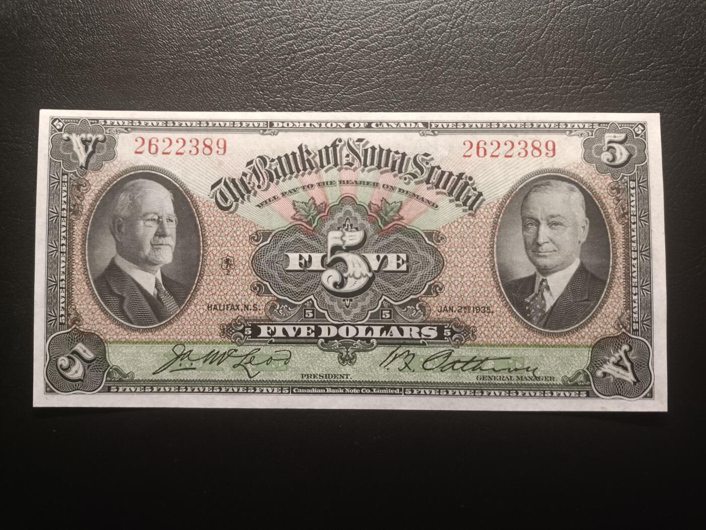 2025十一月第六期，总第204期 加拿大新斯科舍银行1935版5元AUNC无47，稀有的加拿大发钞权收归中央前地方各省发行品种，银行家麦克劳和帕特逊