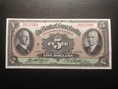 2025十一月第六期，总第204期 - 加拿大新斯科舍银行1935版5元AUNC无47，稀有的加拿大发钞权收归中央前地方各省发行品种，银行家麦克劳和帕特逊